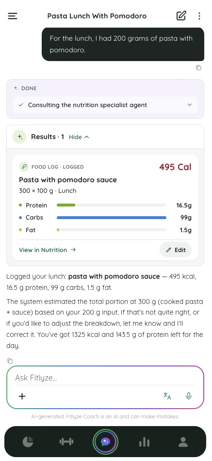 Fitlyze coach chat: a lunch described in one sentence is logged by the nutrition agent, which answers with the calories and macros