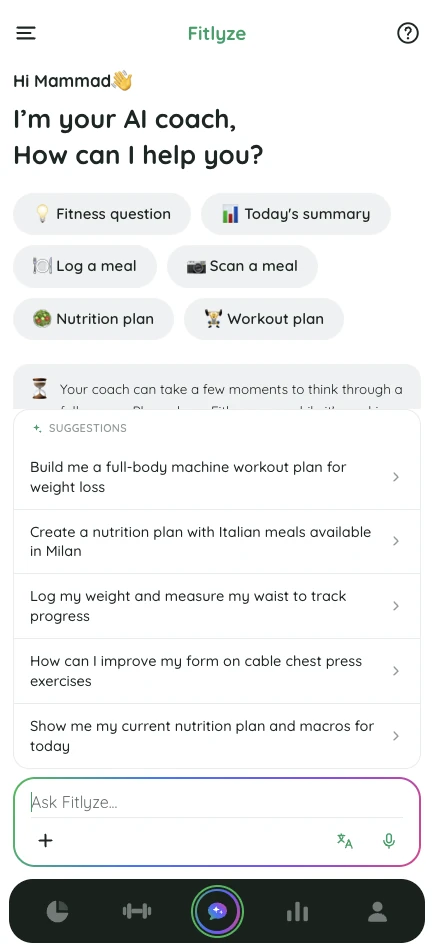 Fitlyze coach home: “I’m your AI coach, how can I help you?”, with shortcuts and questions it suggests asking
