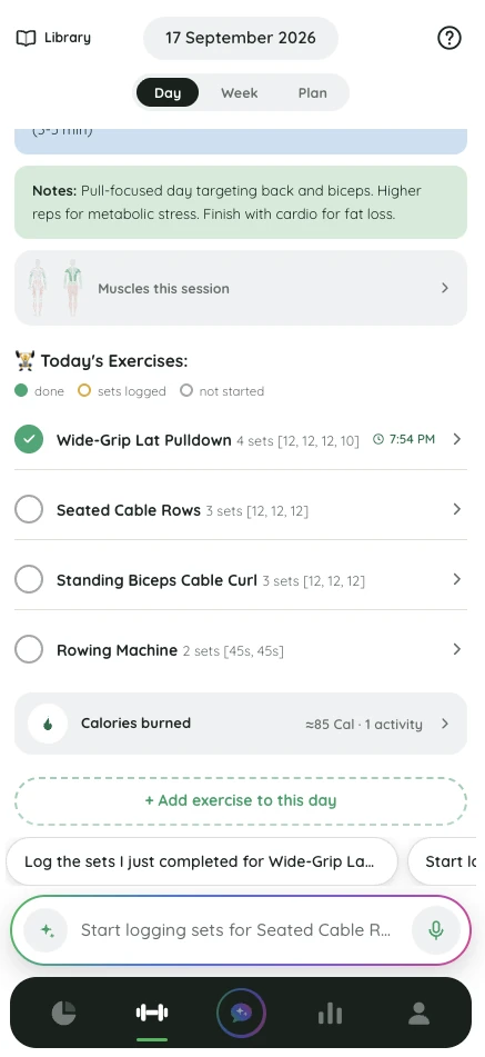 Fitlyze training day: today’s exercises with the sets logged, what is done, and the calories burned