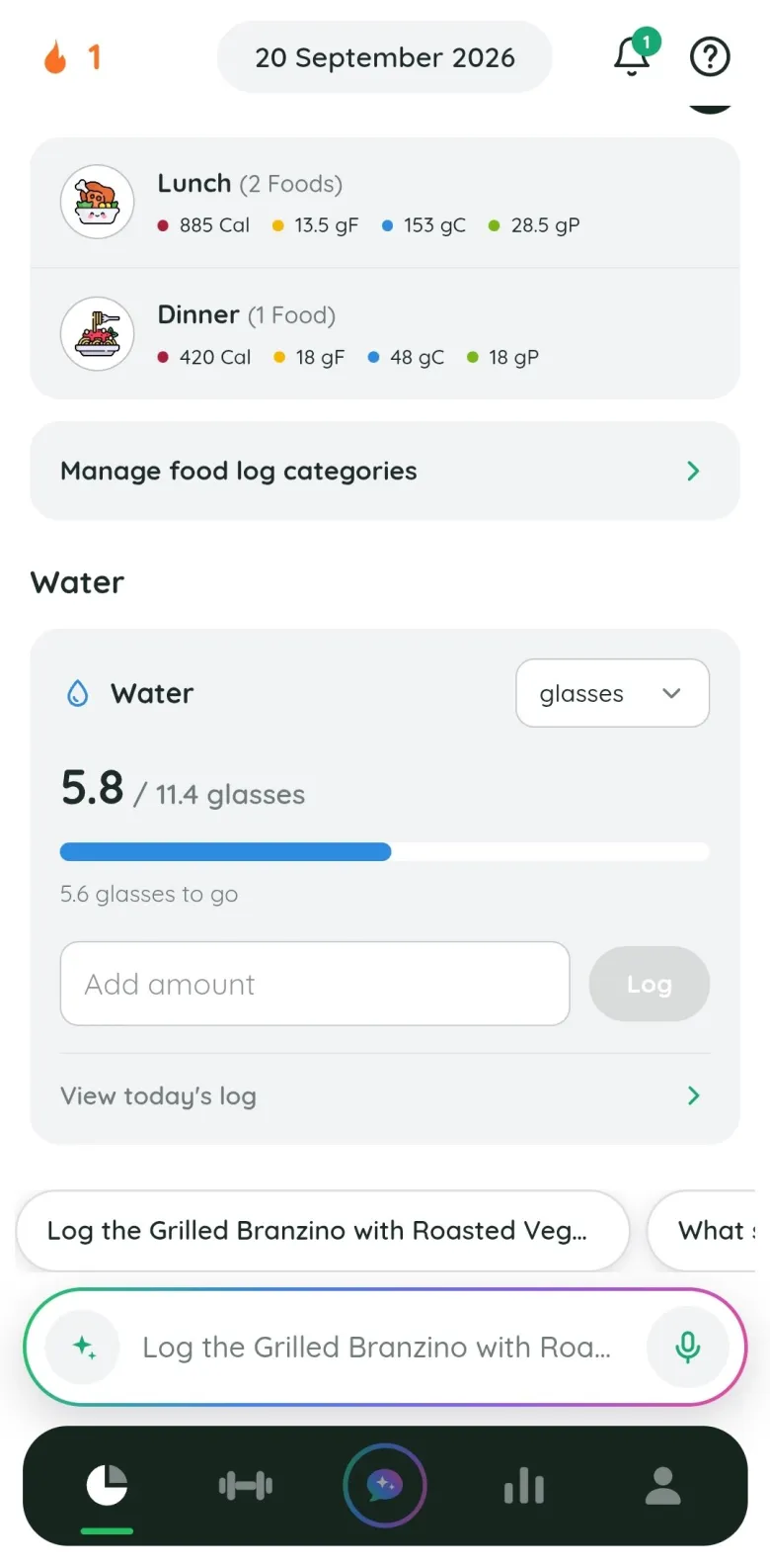 The Fitlyze water card: 5.8 of 11.4 glasses logged, 5.6 to go, under the day's logged meals