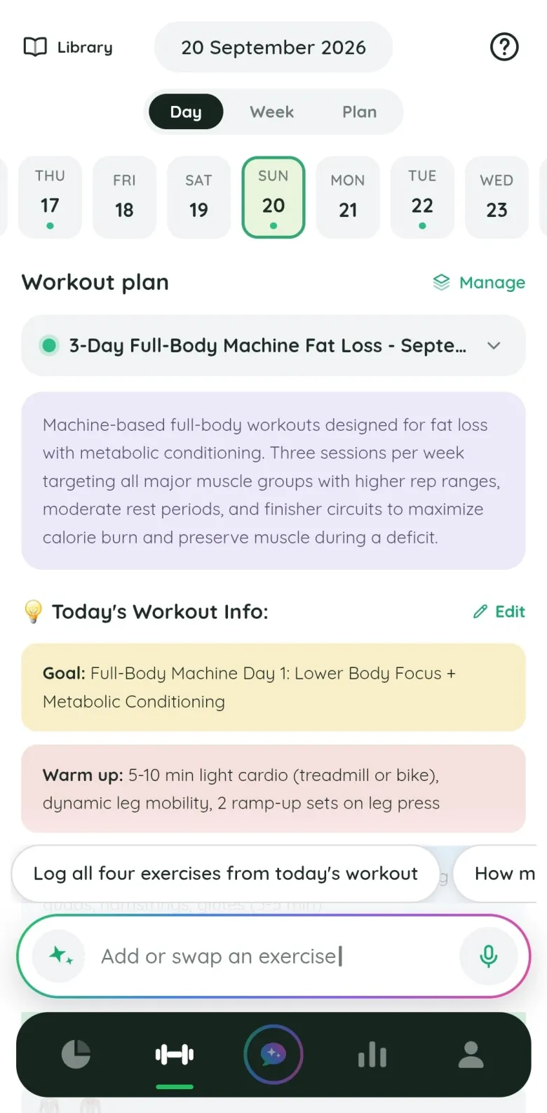 Fitlyze workout day: the Day, Week and Plan tabs over the week strip, the active 3-day full-body plan, and today's goal and warm-up