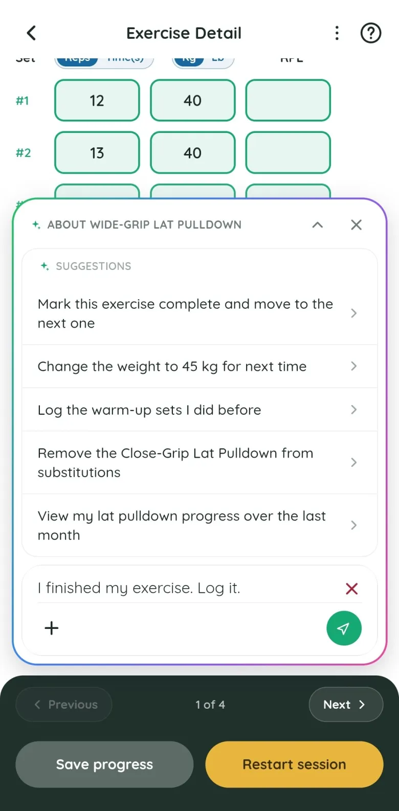 The Fitlyze coach open on the exercise, suggesting to mark it complete, change the weight for next time, or log the warm-up sets